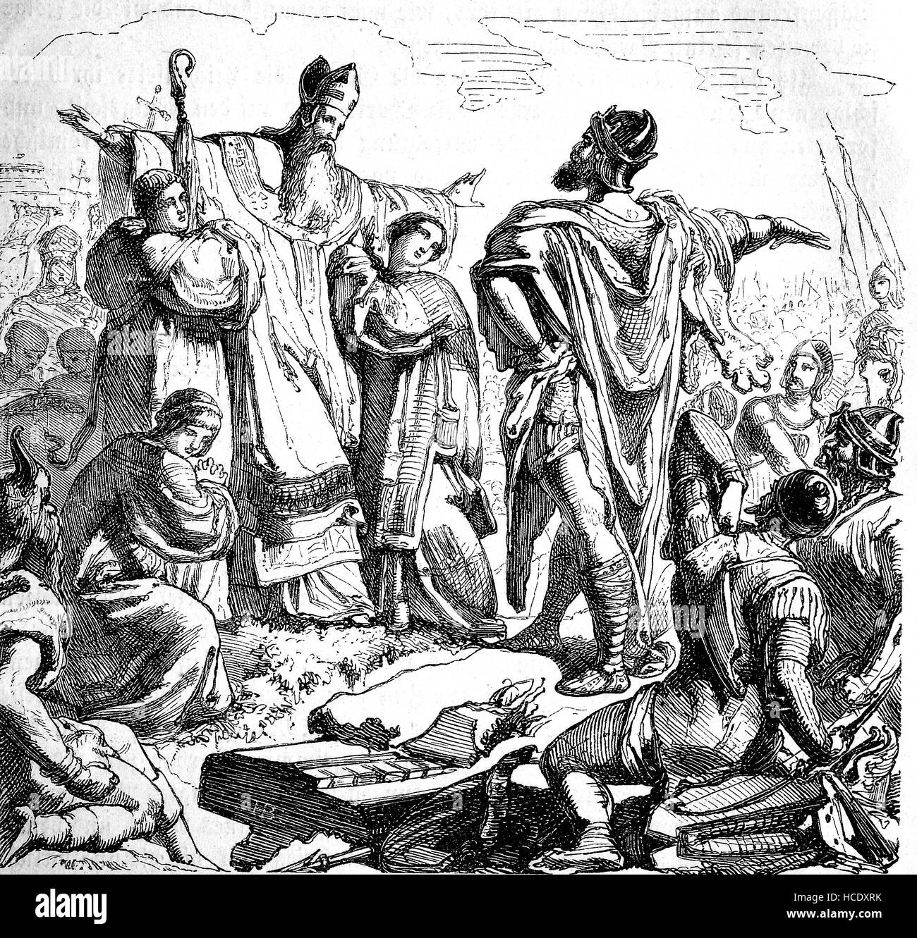 Attila, bezeichnet 406-453, häufig als Attila der Hunne, mit Papst Leo I., 400-461, bekannt als Saint Leo der große, die Geschichte des antiken Rom, Römisches Reich, Italien Stockfoto