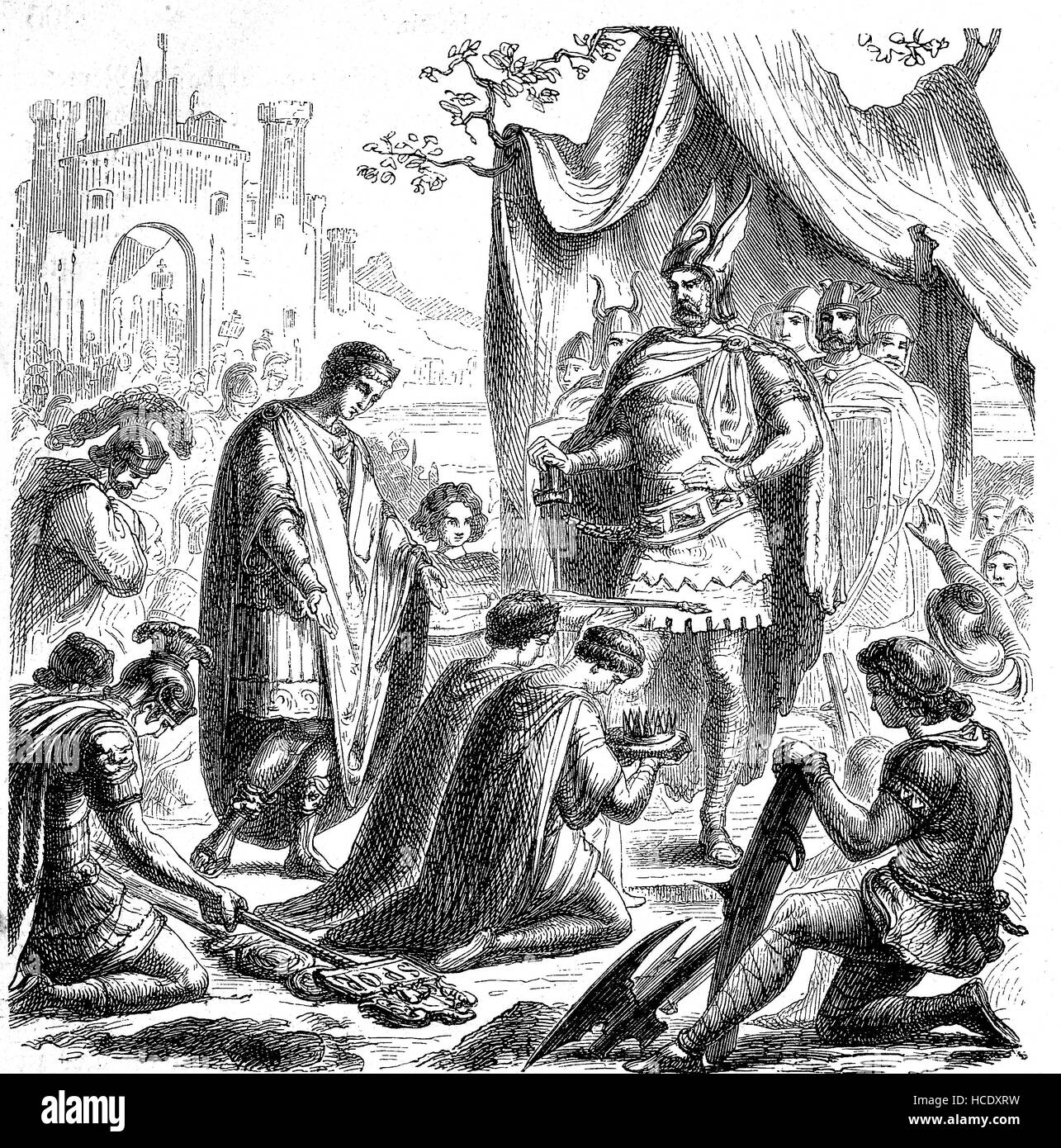 Romulus Augustus, verleiht AD 461-507 die Krone Flavius Odoacer, 433-493, auch bekannt als Flavius Odovacer, die Geschichte des antiken Rom, Römisches Reich, Italien Stockfoto