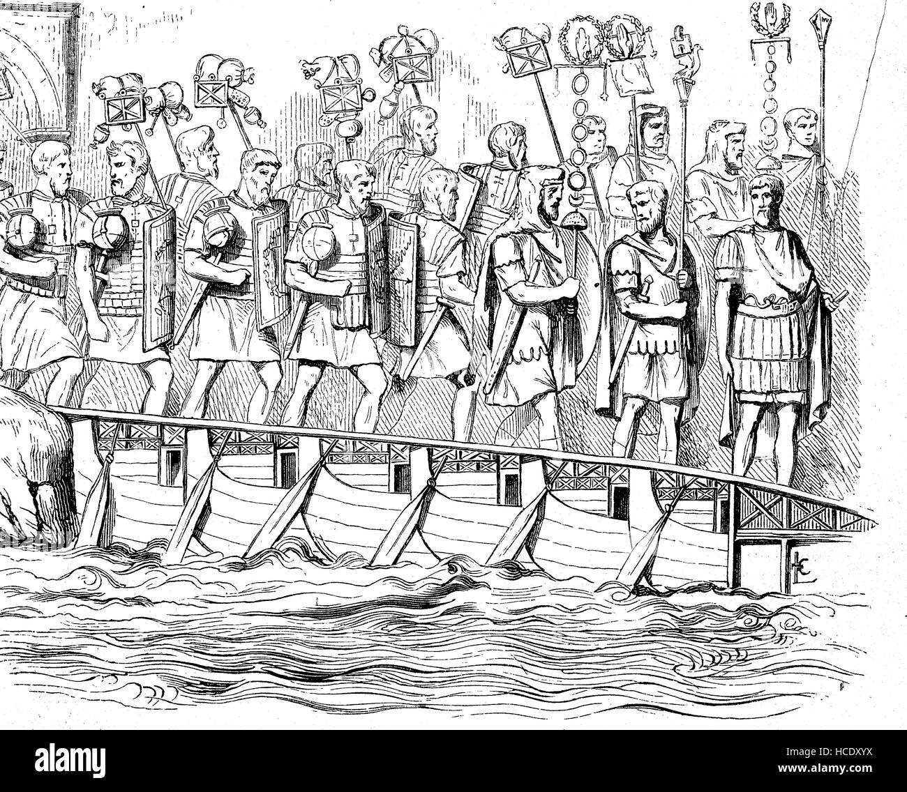 Überquerung des Flusses einer römischen Legion, die Geschichte des antiken Rom, Römisches Reich, Italien Stockfoto