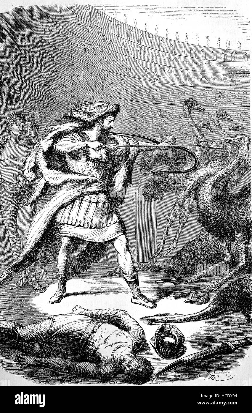Gladiator Commodus kämpfen im Zirkus gegen Strauße, die Geschichte des antiken römischen Reiches, Rom, Italien Stockfoto