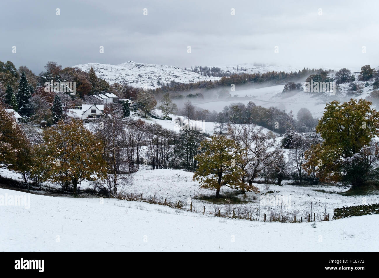 Nebel und Schnee in kleinen Langdale Tal, englischen Lake District, Cumbria, England, UK. Stockfoto