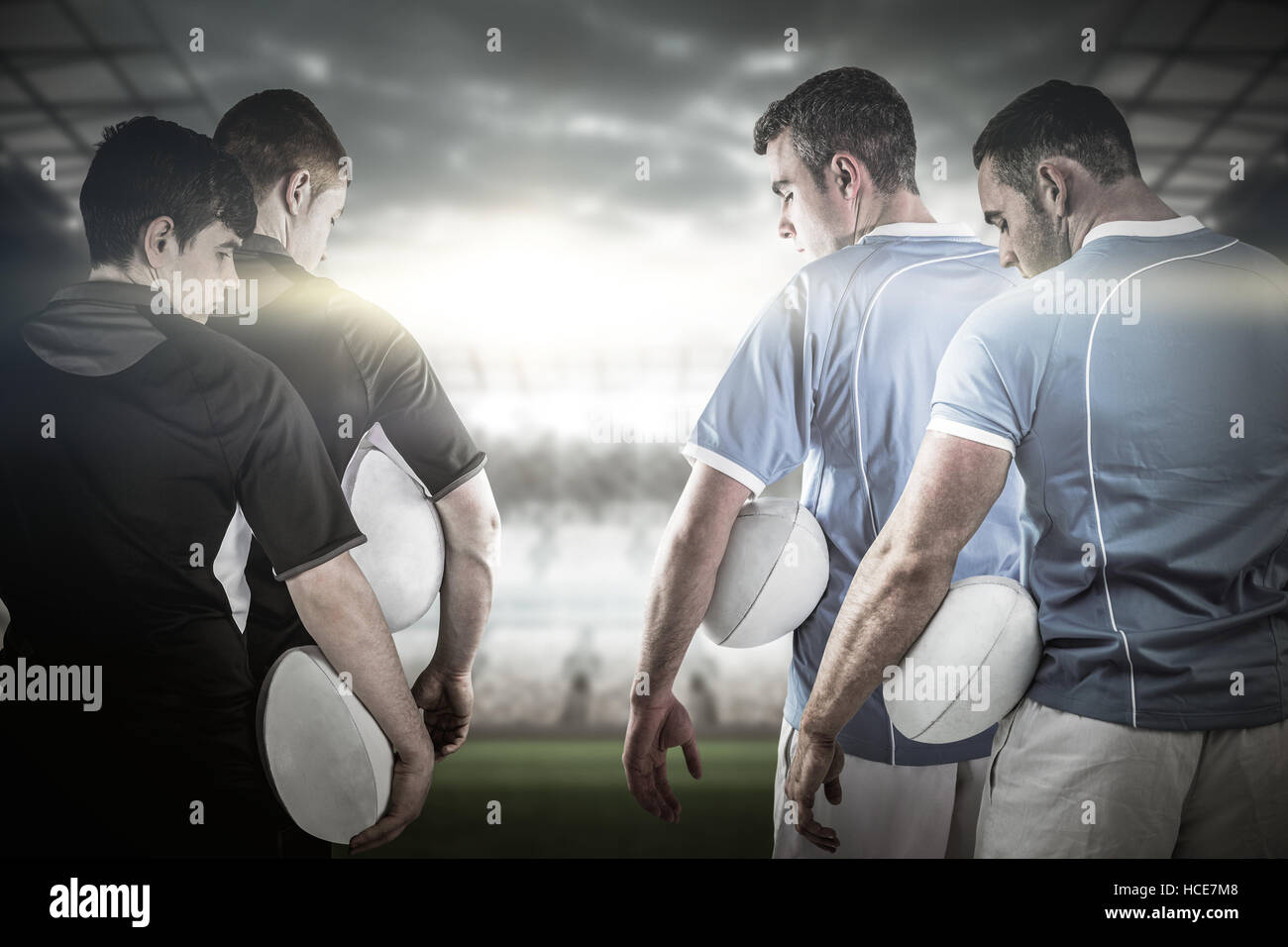 Zusammengesetztes Bild von harter Rugbyspieler Stockfoto