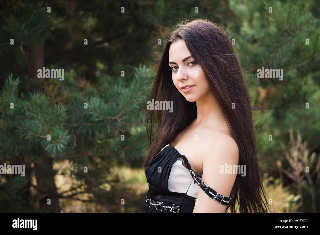 Anmutig bezaubernde Brünette Model posiert im schwarzen Kleid in Nadelwäldern park Stockfoto