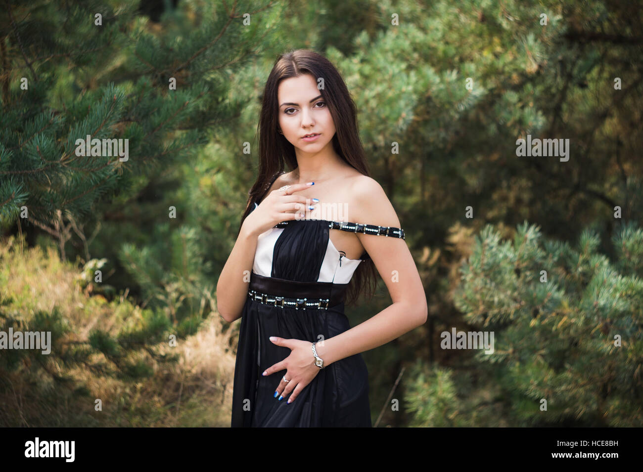 Anmutig bezaubernde Brünette Model posiert im schwarzen Kleid in Nadelwäldern park Stockfoto