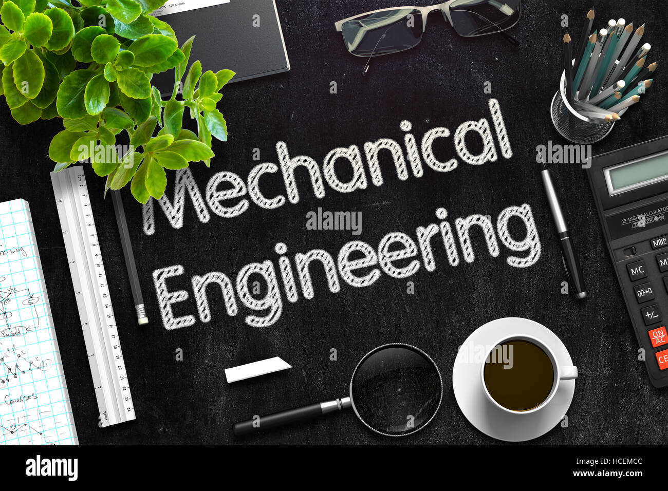 Schwarze Tafel mit Maschinenbau. 3D-Rendering. Stockfoto