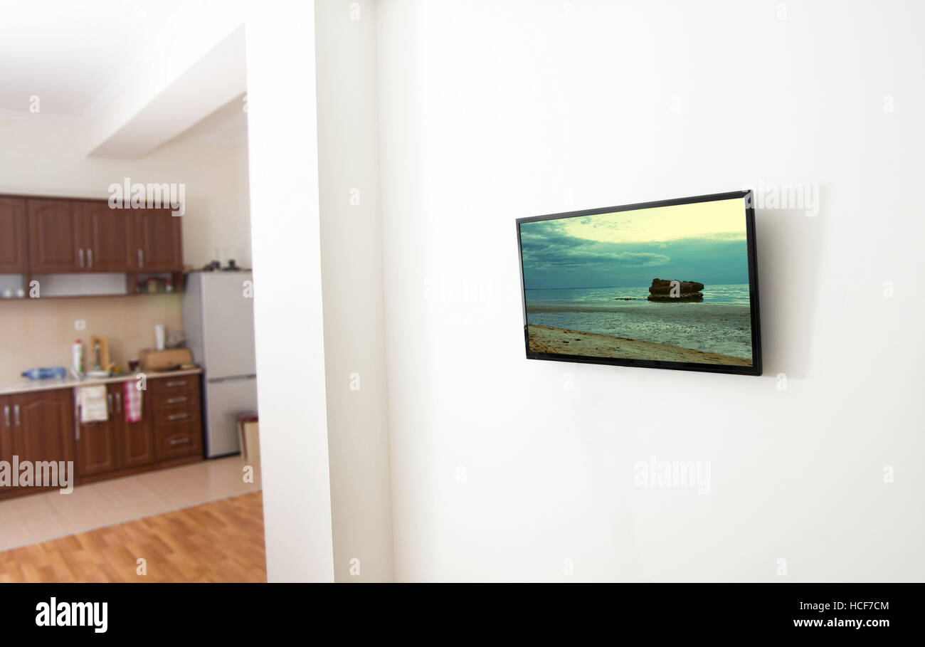 Nahaufnahme von dem TV-Bildschirm in Wohnung Stockfoto