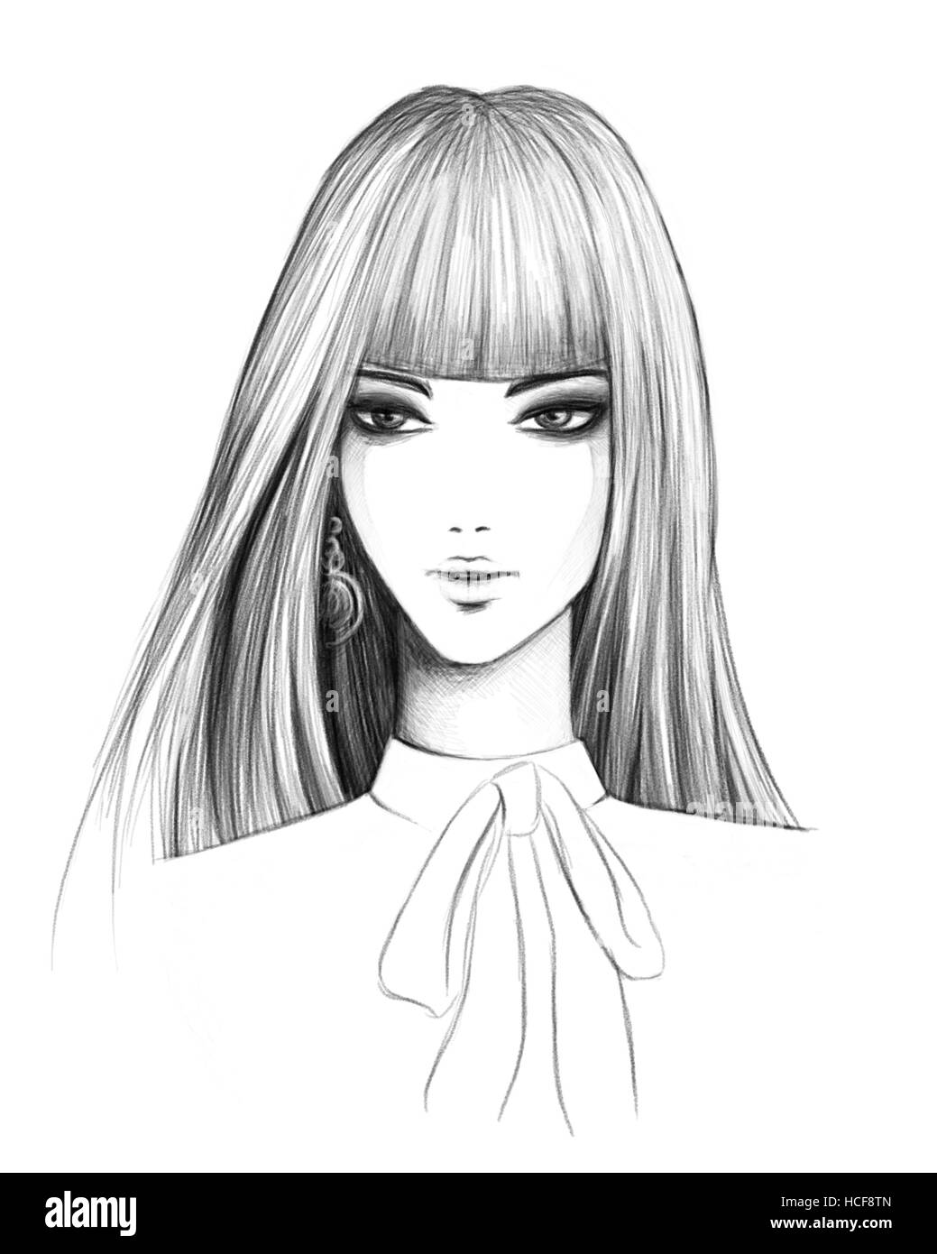Bleistift-Skizze eines modischen Brünette Mädchen Stockfoto