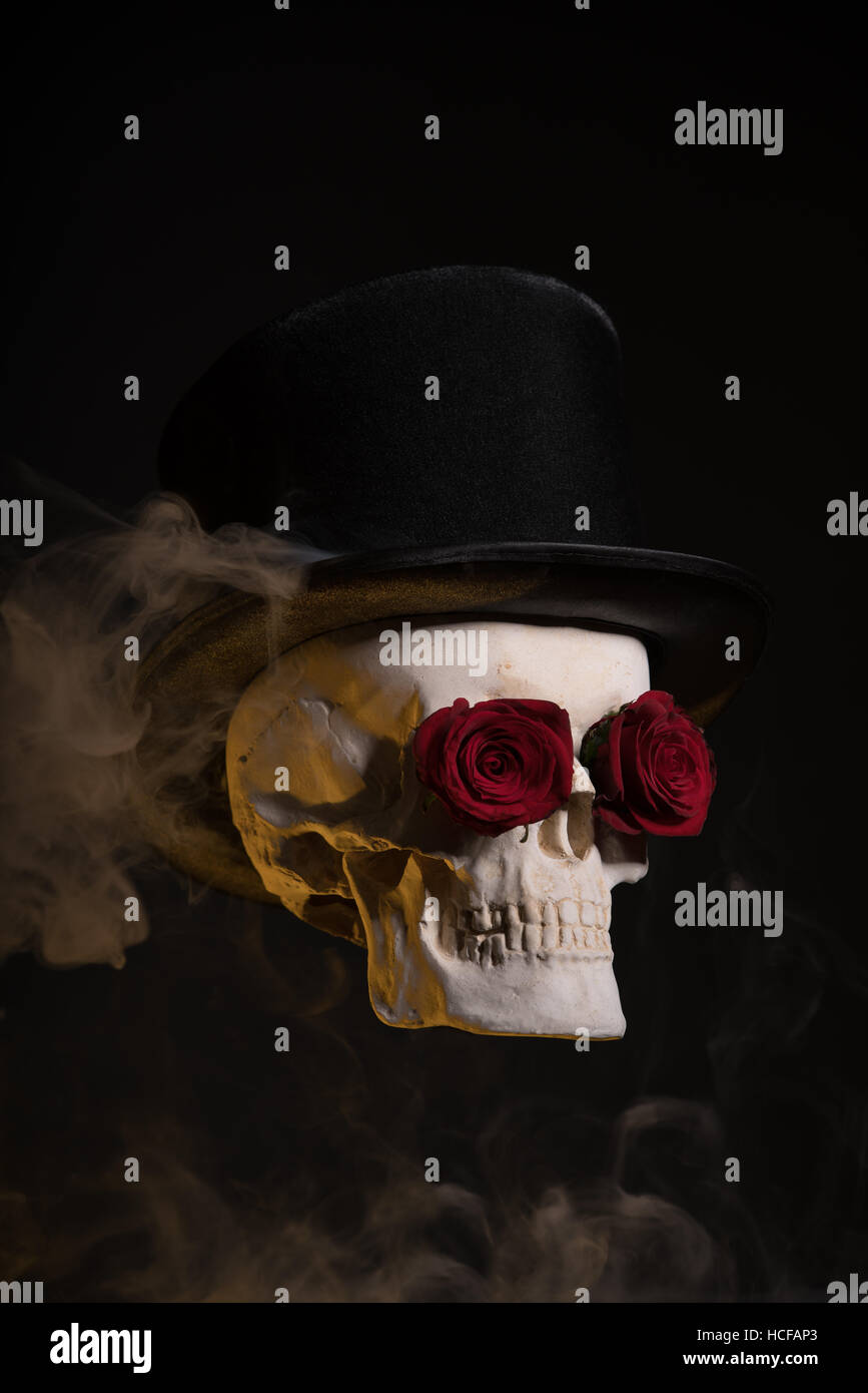 Schädel in Tophat mit roten Rosen in Augenhöhlen, Halloween-Thema Stockfoto