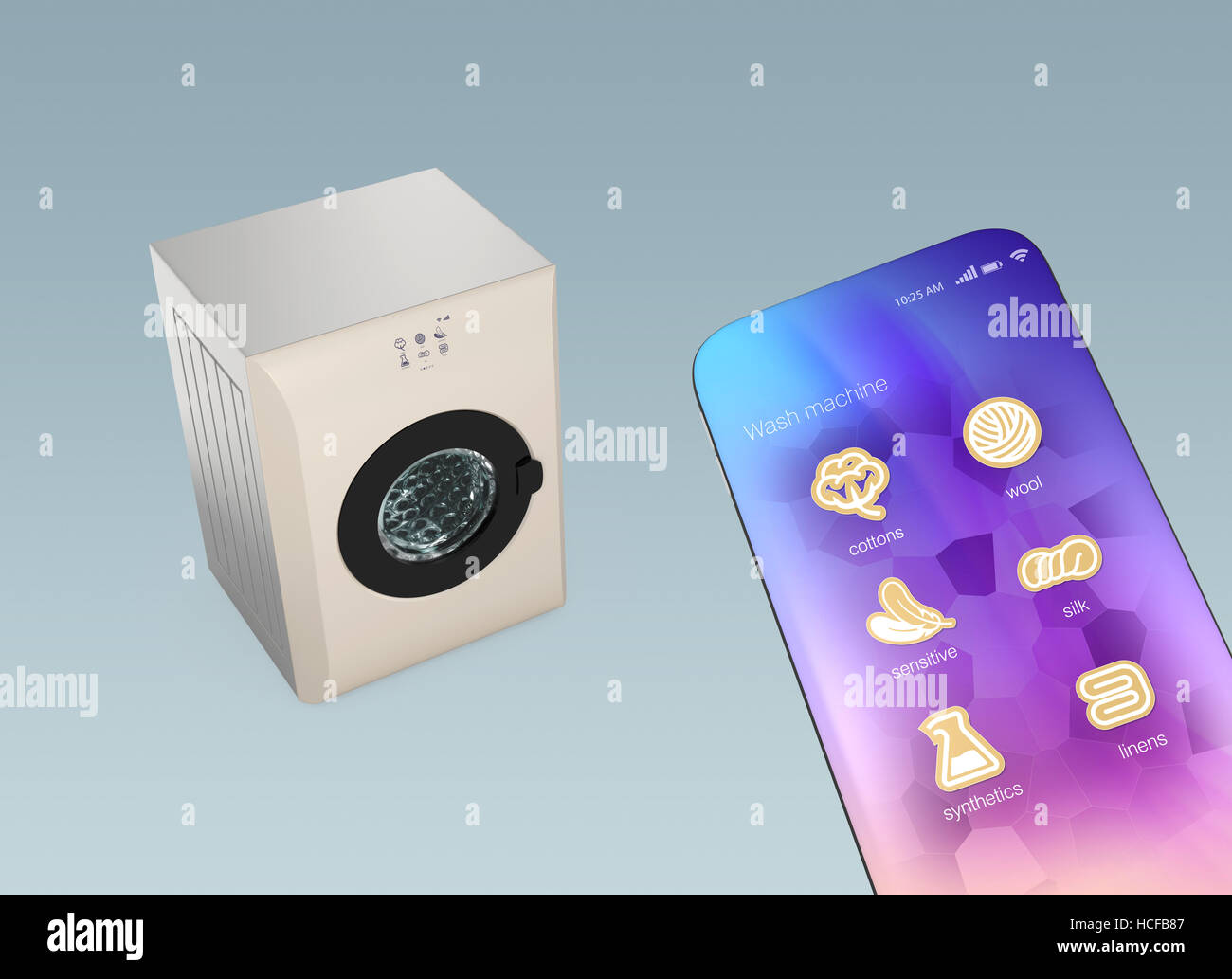 Waschmaschine und Smartphone. Mit der app könnte Wäsche Weichen gestellt. Intelligente Geräte-Konzept. Stockfoto