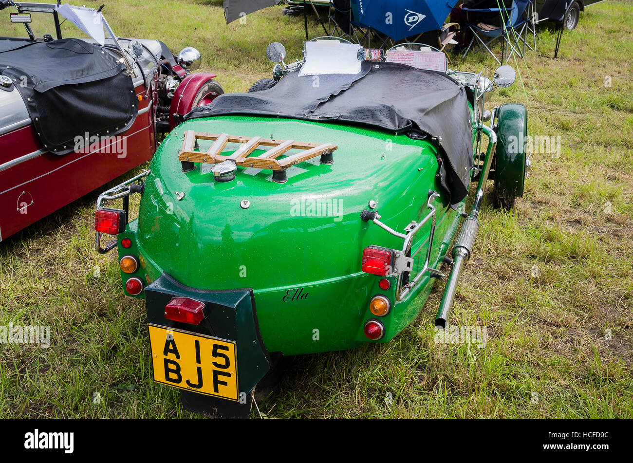 Rückansicht des Lomax dreirädrigen Sportwagen auf einer englischen Stockfoto
