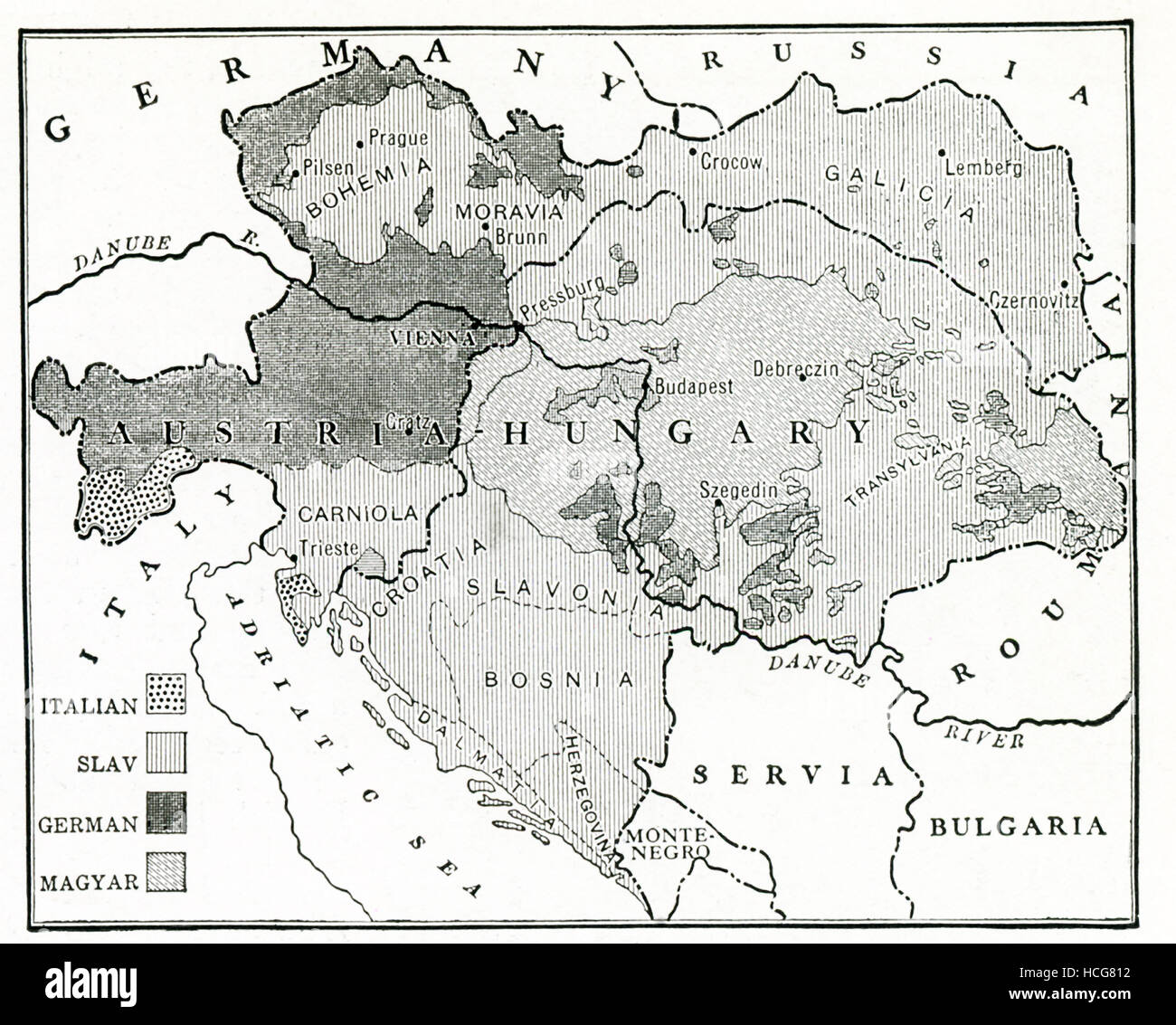 Diese Karte stammt aus der Zeit des ersten Weltkrieges, 1917, und zeigt die kompliziertere rassische Verteilung (Italienisch, slawisch, Deutsch und Magyar) in der österreichisch-ungarischen Monarchie. Stockfoto