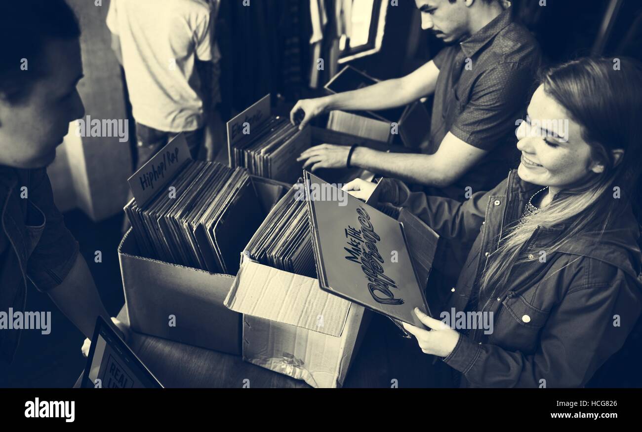 Vinyl Record Store Musik einkaufen Oldschool Klassiker Konzept Stockfoto