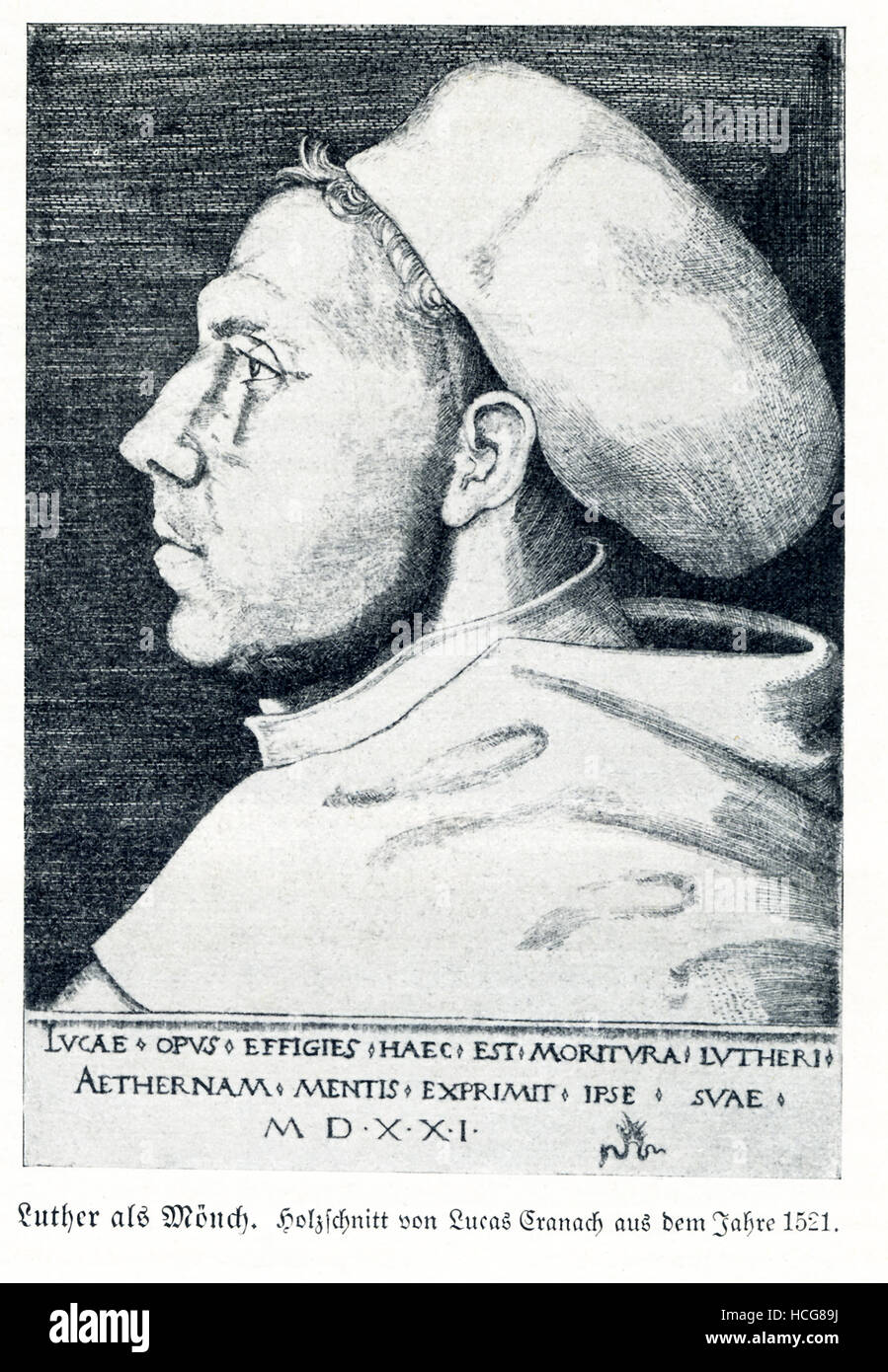 Martin Luther (1483-1546) war eine Schlüsselfigur in der protestantischen Reformation. Er war ein deutscher Professor der Theologie, Komponist und ein Mönch im Jahre 1505, wurde er ein Mönch, ein Augustiner Mönch. Zwei Jahre später, und im Jahre 1510 ging nach Rom, wo er die Korruption sehr störend finden, wurde er geweiht. Diese Illustration zeigt Luther als Mönch und basiert auf einem Holzschnitt des deutschen Renaissance Malers Lucas Cranach, die 1521 von Cranach geleistet wurde. Stockfoto
