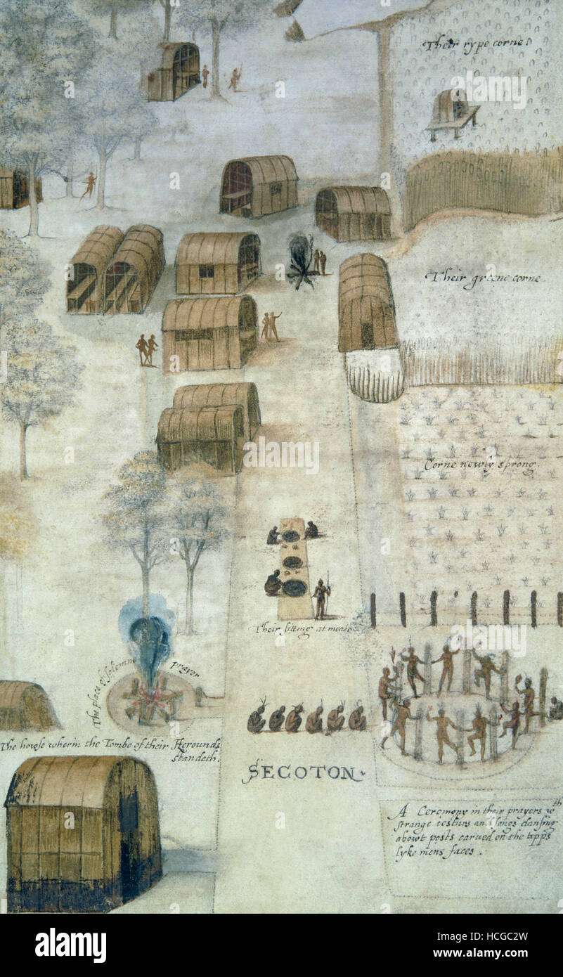 Aquarell Zeichnung indischen Dorf Secoton von John White (1585-1586 erstellt) Stockfoto