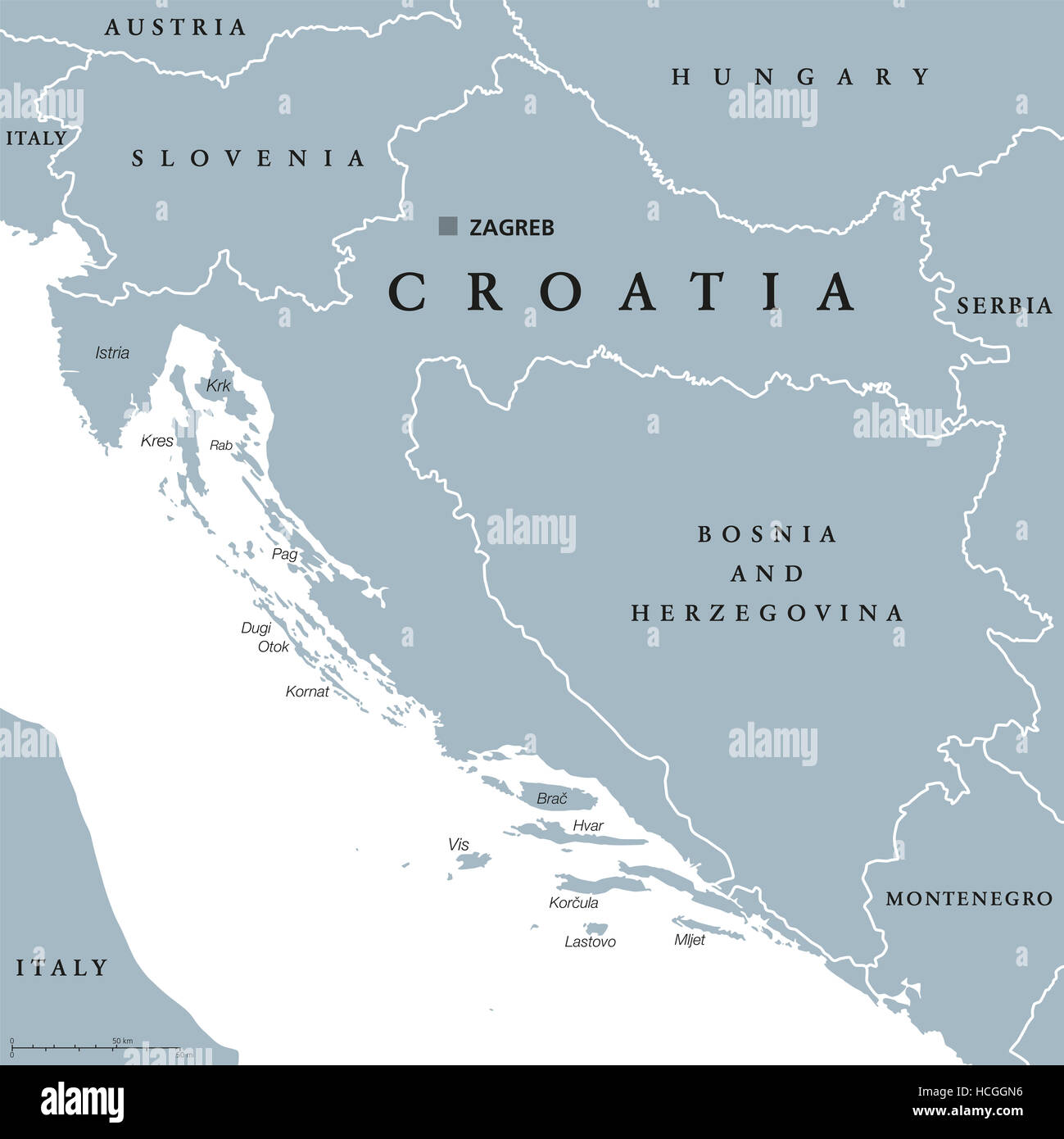 Kroatien Landkarte mit Hauptstadt Zagreb, nationale Grenzen und Nachbarländern. Graue Abbildung mit englischer Beschriftung. Stockfoto