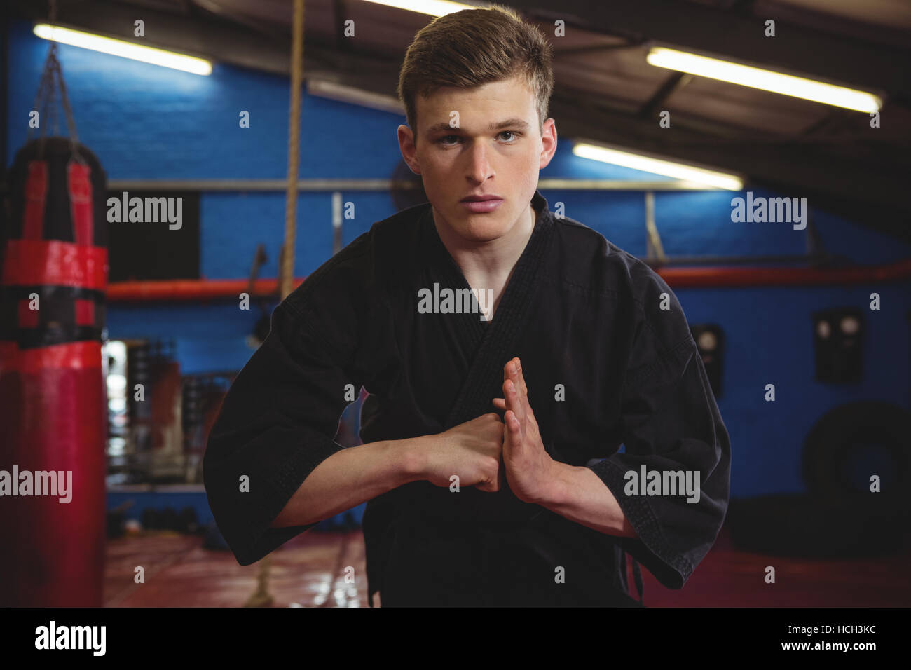 Karate Spieler darstellende Karate Haltung Stockfoto