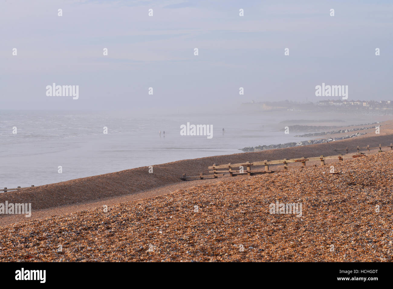 Hund Spaziergänger am Strand von St. Leonard auf das Meer, in Richtung Bexhill-on-Sea, Großbritannien Stockfoto