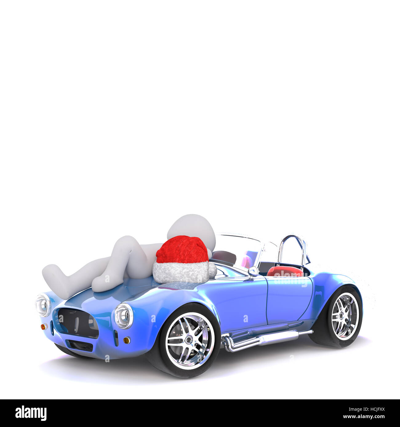 Entspannen Sie sich auf der Motorhaube seines Sportwagens mit einem roten Weihnachten Santa Hut neben ihm 3D Mann gerendert Abbildung auf weiß Stockfoto