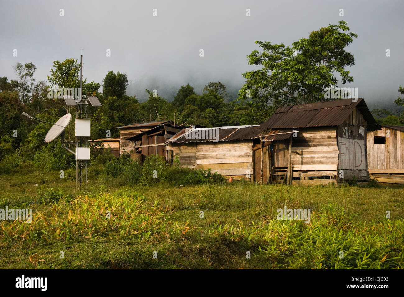 Holzhäuser mit einer Satellitenschüssel auf dem Coca-Bauernhof im oberen Tal des Flusses Madre de Dios im peruanischen Amazonasgebiet. Stockfoto