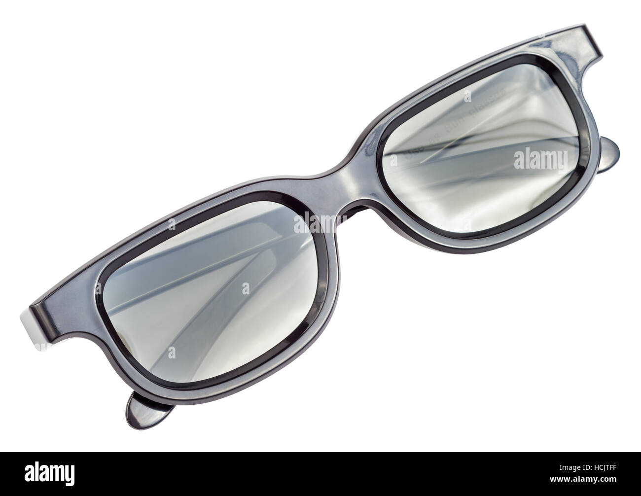 Schwarzer Kunststoff 3D Brille für Kino isoliert auf weißem Hintergrund Stockfoto