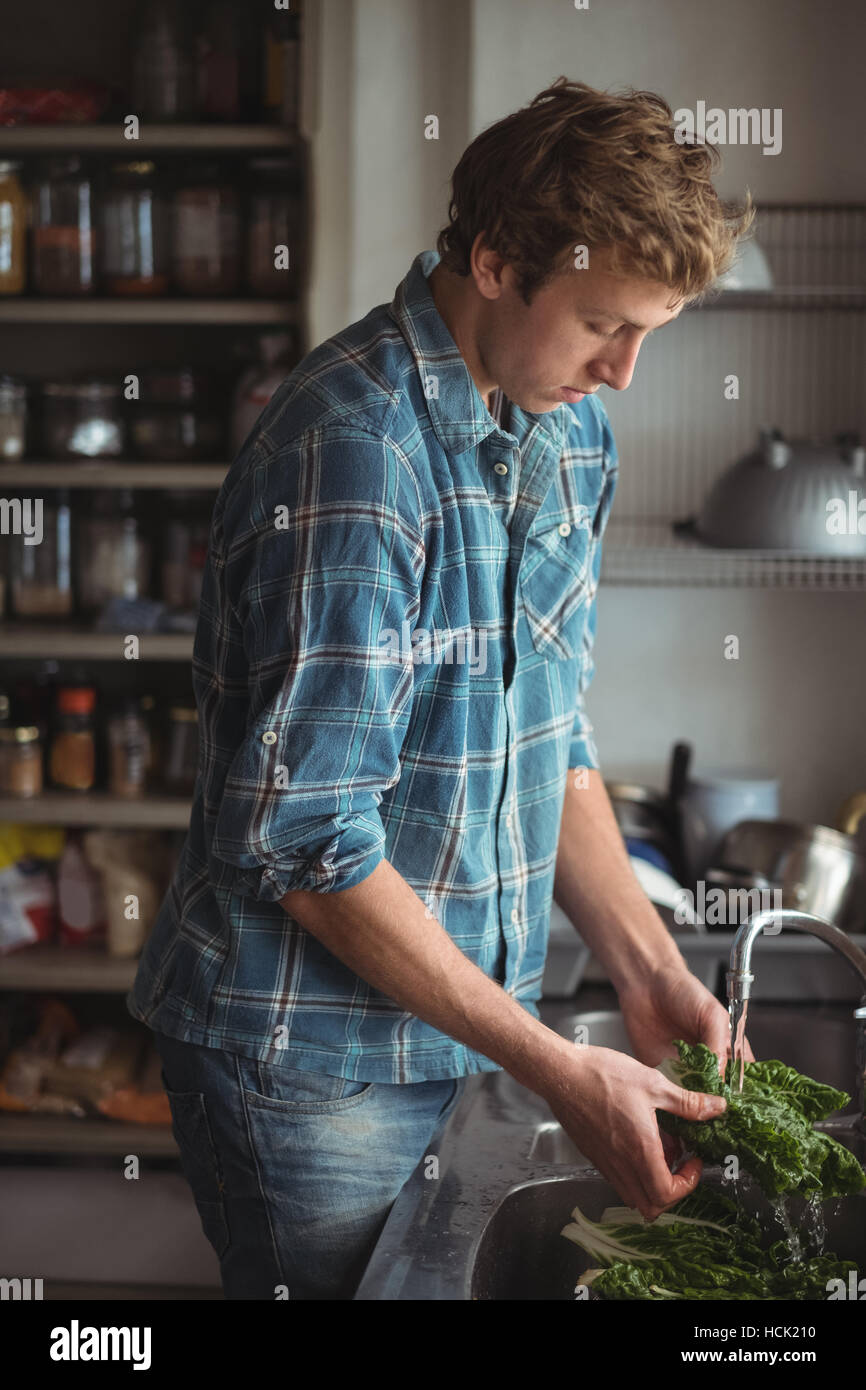 Mann Waschen Gemüse in der Küche Stockfoto