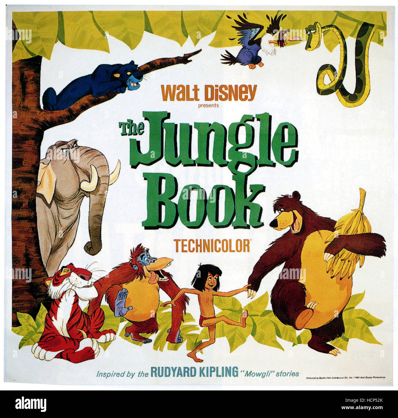 Das Dschungelbuch (im Uhrzeigersinn von oben rechts) Kaa, Balu, Mogli, King Louie, Shere Khan