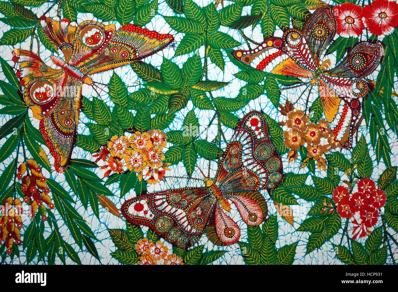 Batik, Motiv mit Schmetterlingen und Blumen, Kandy, Central Province, Sri Lanka Stockfoto