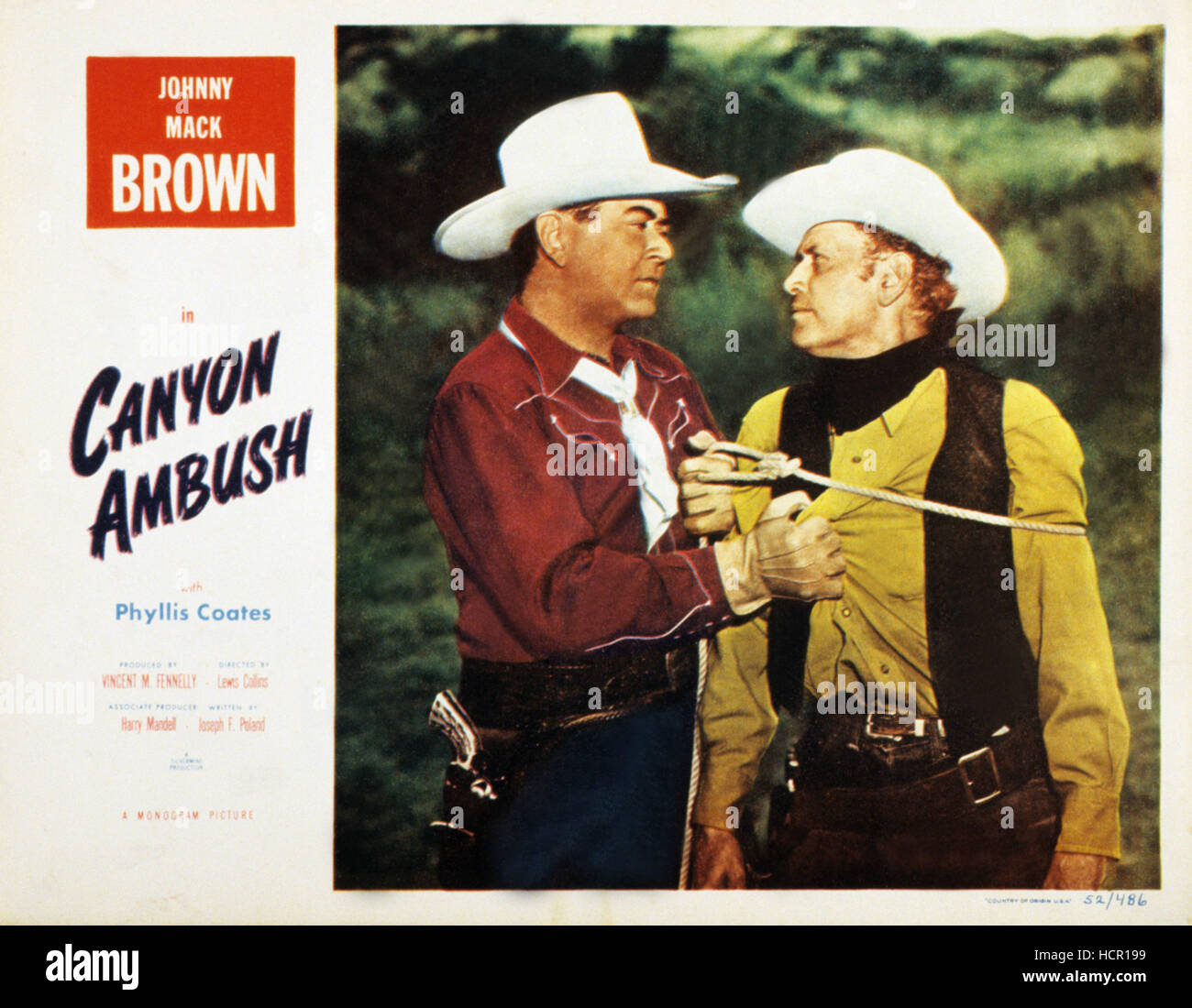 CANYON Hinterhalt, Lobbycard, Links: Johnny Mack Brown, 1952 Stockfoto