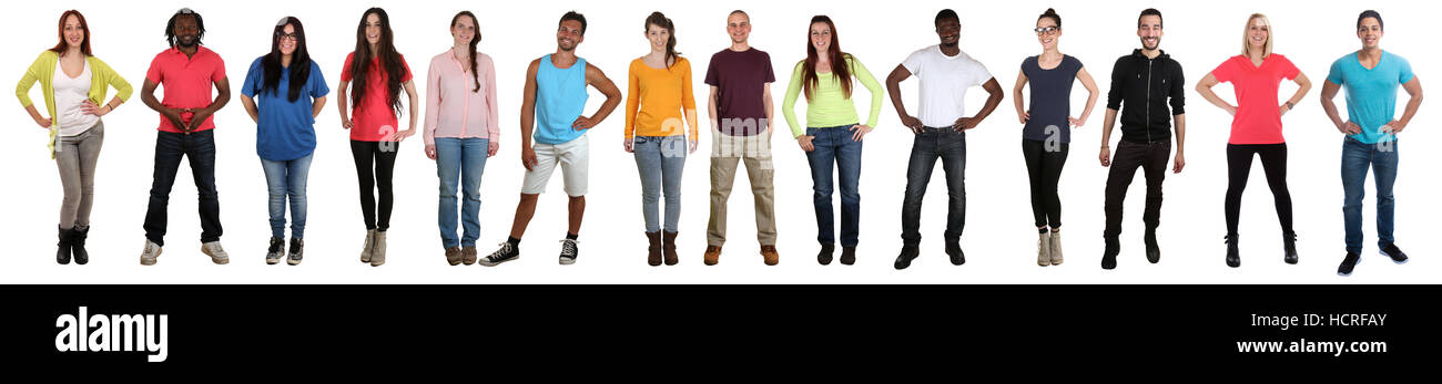 Gruppe junger Menschen, die Lächeln multikulturellen Multi-ethnischen Ganzkörper-Porträt in Folge isoliert auf weißem Hintergrund Stockfoto