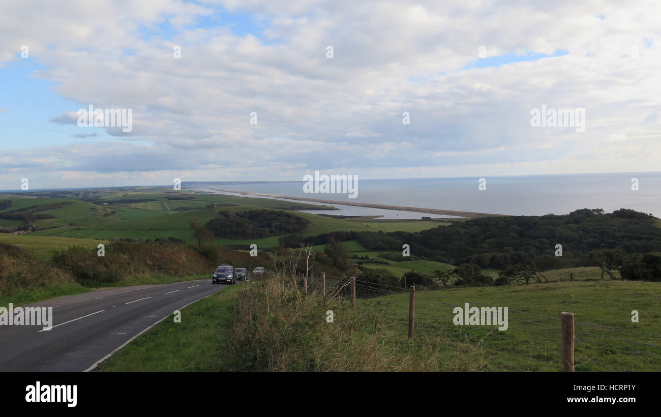 Blick über Dorset Ackerland in Richtung Portland beach Stockfoto