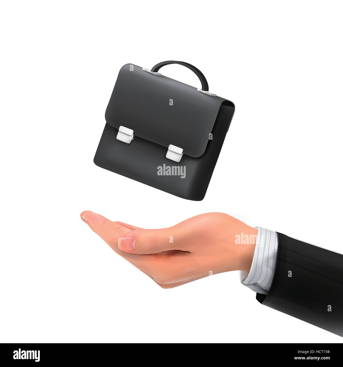 3D Hand mit schwarzem Leder Aktentasche auf weißem Hintergrund Stock Vektor