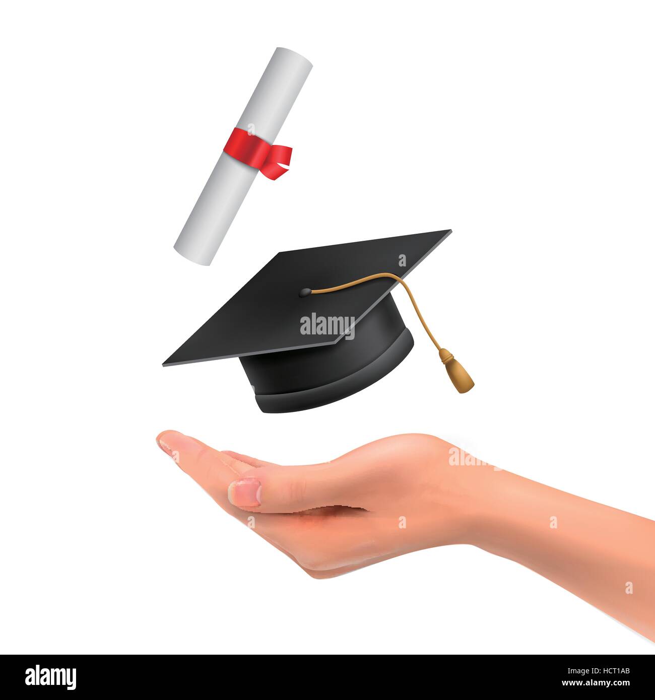 3D Hand hält einen Abschluss Hut und Diplom auf weißem Hintergrund Stock Vektor