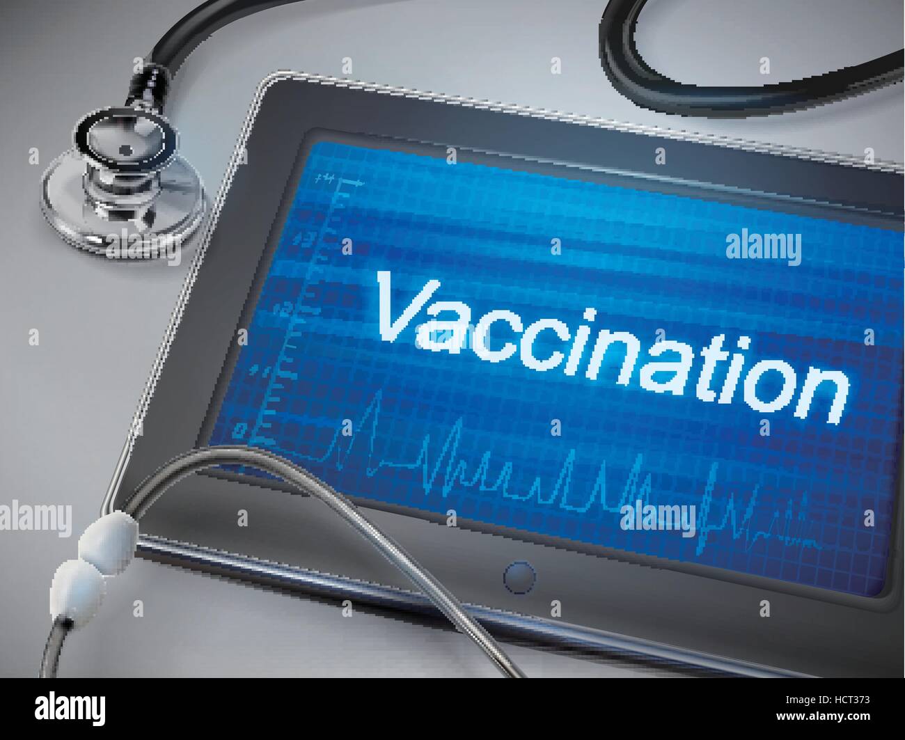 Impfung Wort auf Tablet mit Stethoskop über Tabelle angezeigt Stock Vektor