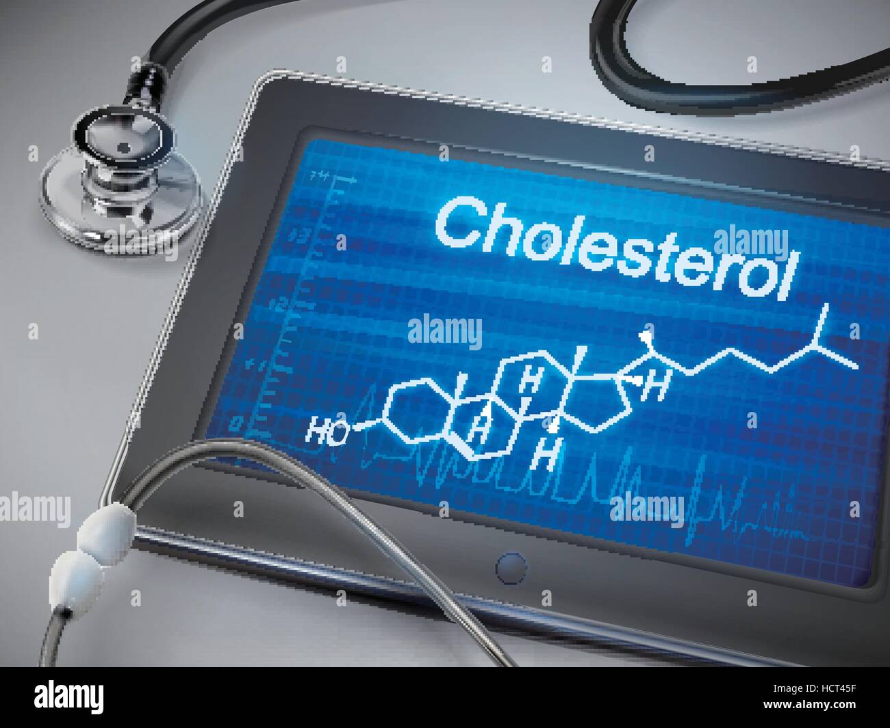 Cholesterin-Wort auf Tablet über Tabelle anzeigen Stock Vektor