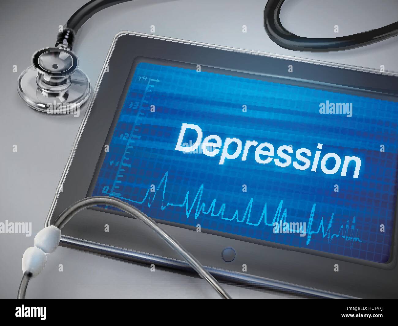 Depression-Wort auf Tablet über Tabelle anzeigen Stock Vektor