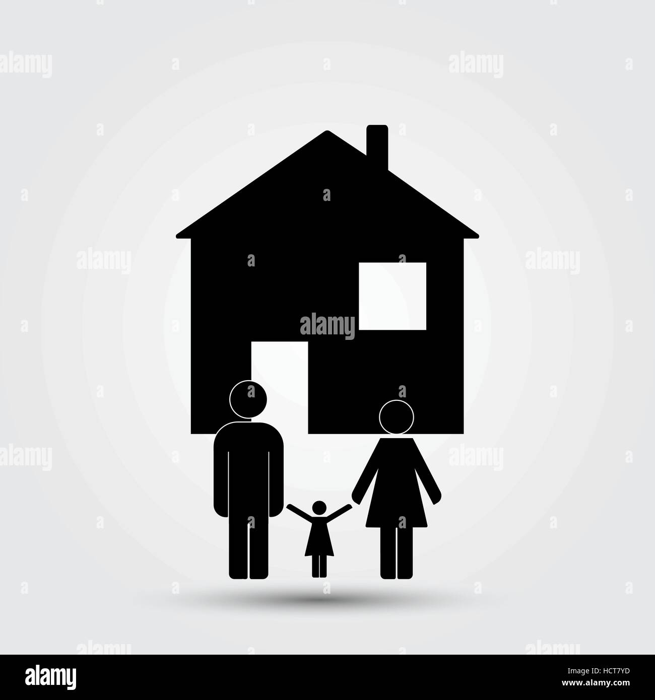 Konzept-Bild einer Familie unter einem abstrakten Hausentwurf isoliert auf weißem Hintergrund Stock Vektor