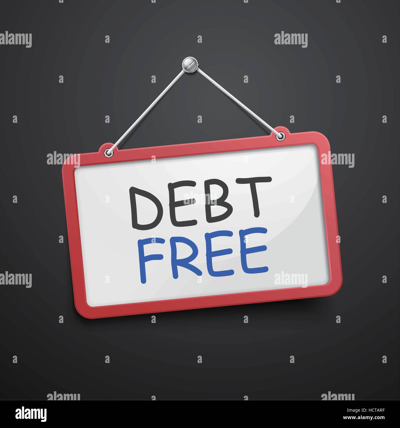 Schulden frei hängende Zeichen isoliert auf schwarze Wand Stock Vektor
