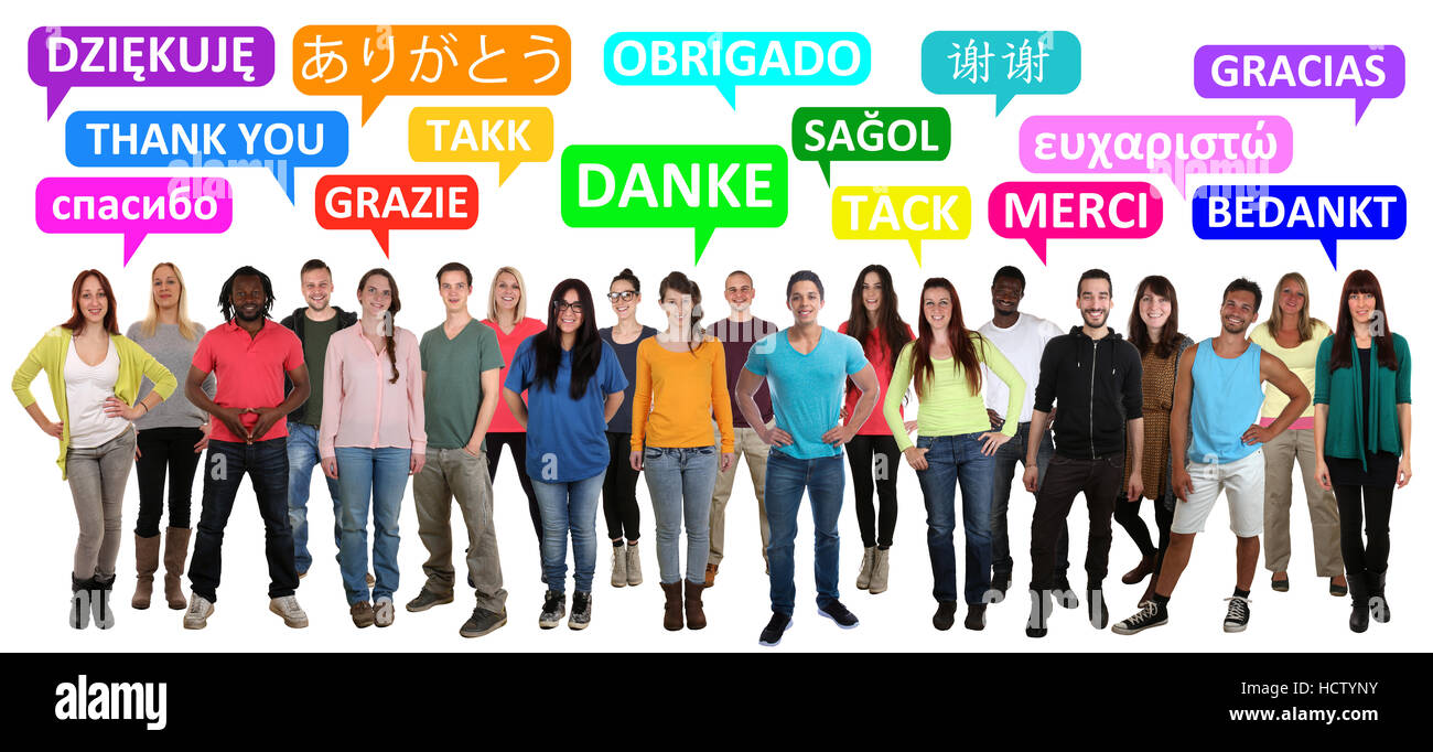 Danke sagen Multi ethnischen Gruppe von jungen Menschen in verschiedenen Sprachen Stockfoto