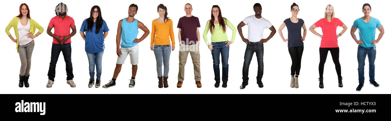 Gruppe junger Leute lächelnd multikulturellen Ganzkörper-Porträt in einer Reihe auf einem weißen Hintergrund isoliert Stockfoto