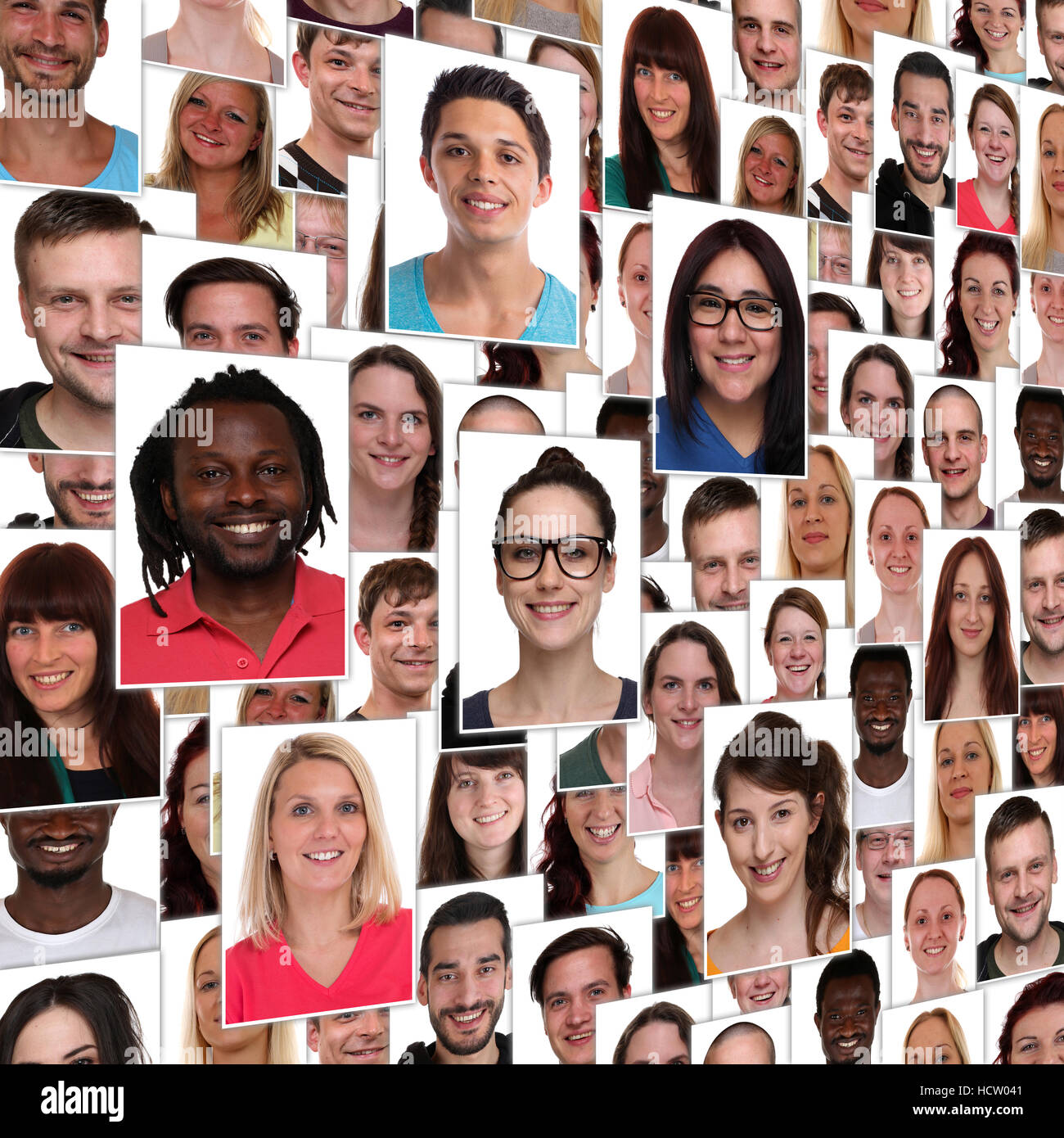 Hintergrund-Gruppe von Rassen junge glücklich lächelnde Menschen Integration Flüchtlinge collage Stockfoto