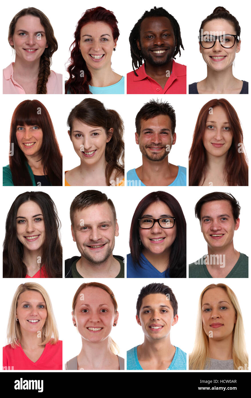 Gruppenporträts multirassische junger lächelnde Menschen isoliert auf weißem Hintergrund Stockfoto
