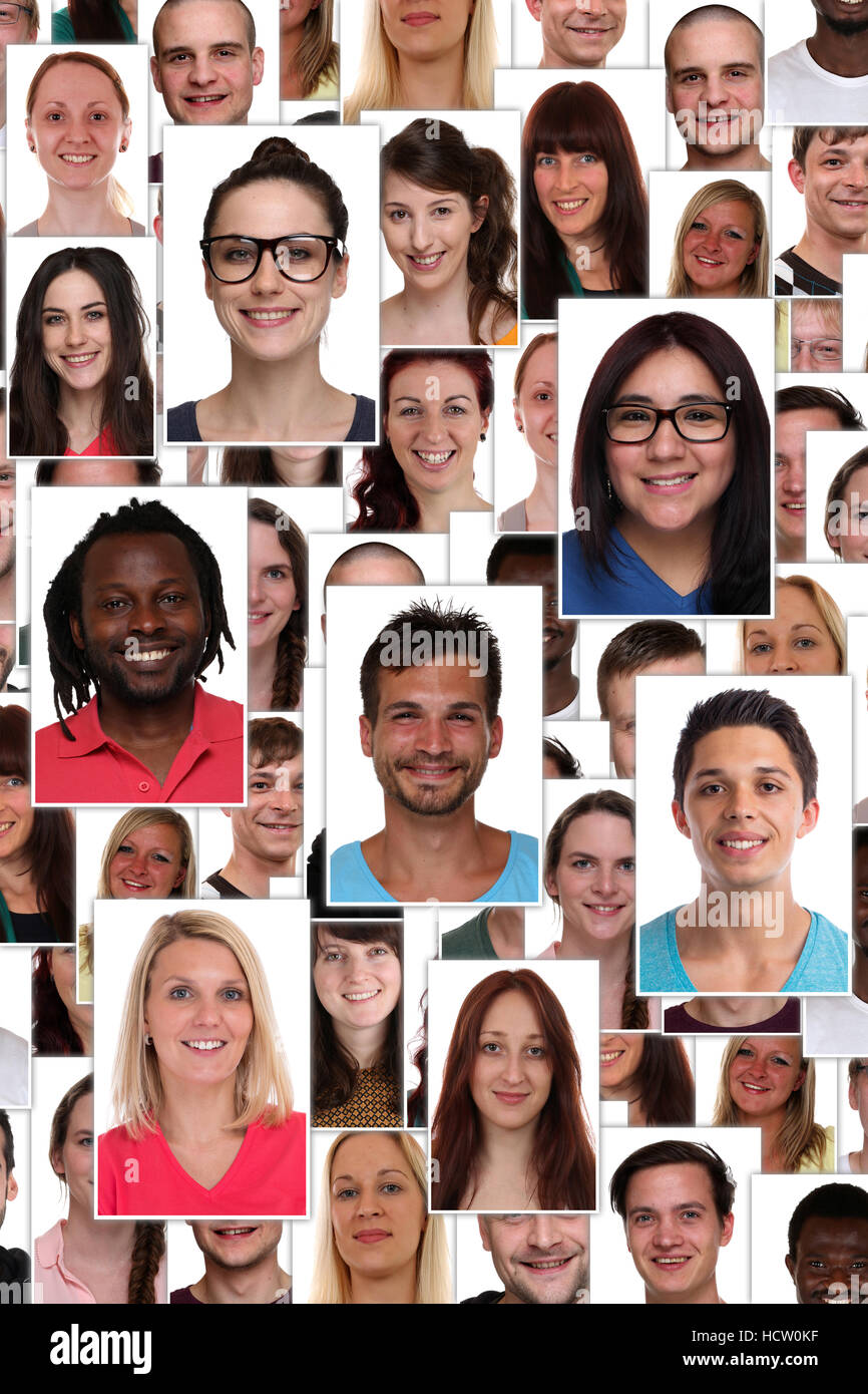 Gruppe von Rassen jungen lächelnd glückliche Menschen Hintergrund Collage Flüchtlinge Stockfoto