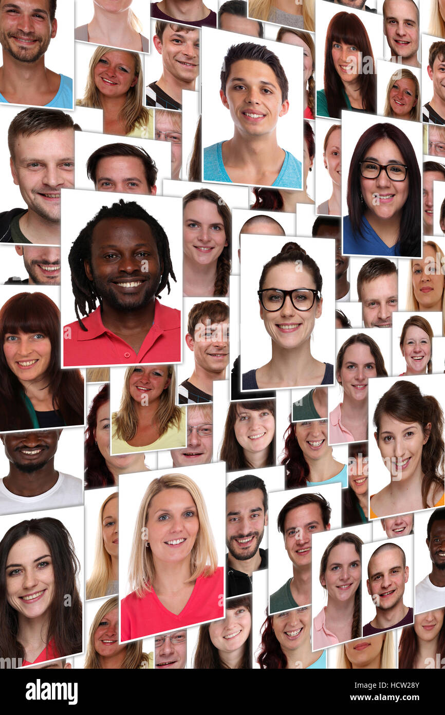 Hintergrund-Gruppe von Rassen junge glücklich lächelnde Menschen Integration collage Stockfoto