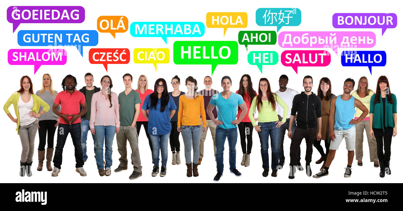 Multi-ethnische Gruppe lächelnder junge Leute in verschiedenen Sprachen sagen Hallo Stockfoto
