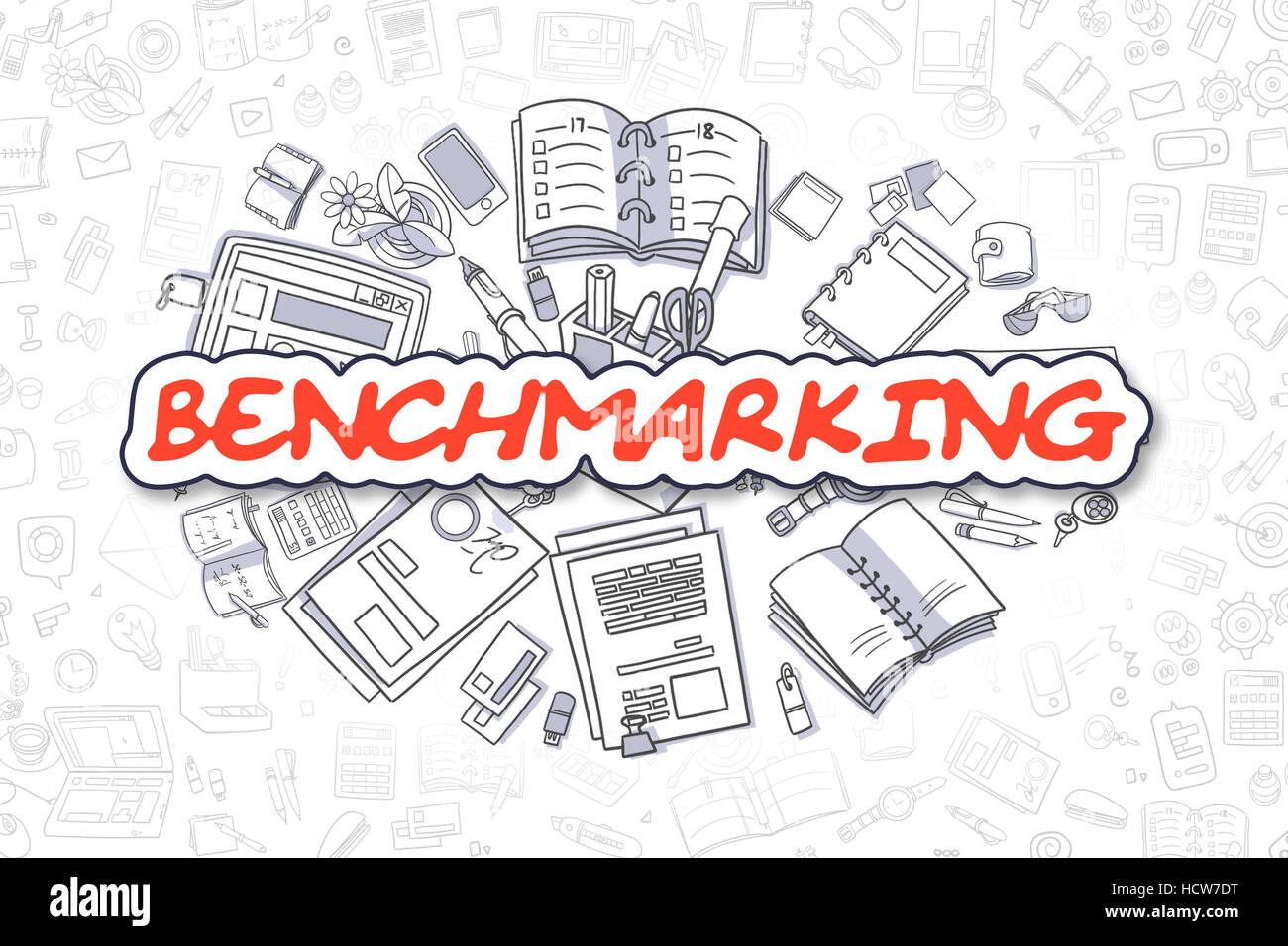 Business Illustration des Benchmarkings. Doodle roter Text handgezeichnete Cartoon Design-Elemente. Benchmarking-Konzept. Stockfoto