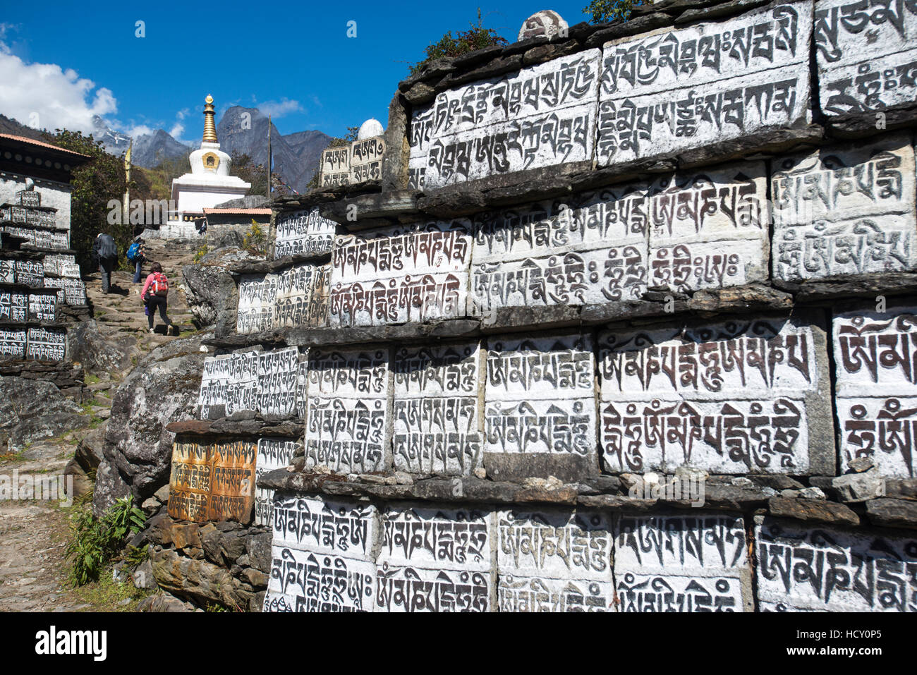Mani-Steinen eingeschrieben mit einem alten buddhistischen Mantra schmücken den Weg zum Everest-Basislager, Khumbu-Region, Nepal Stockfoto