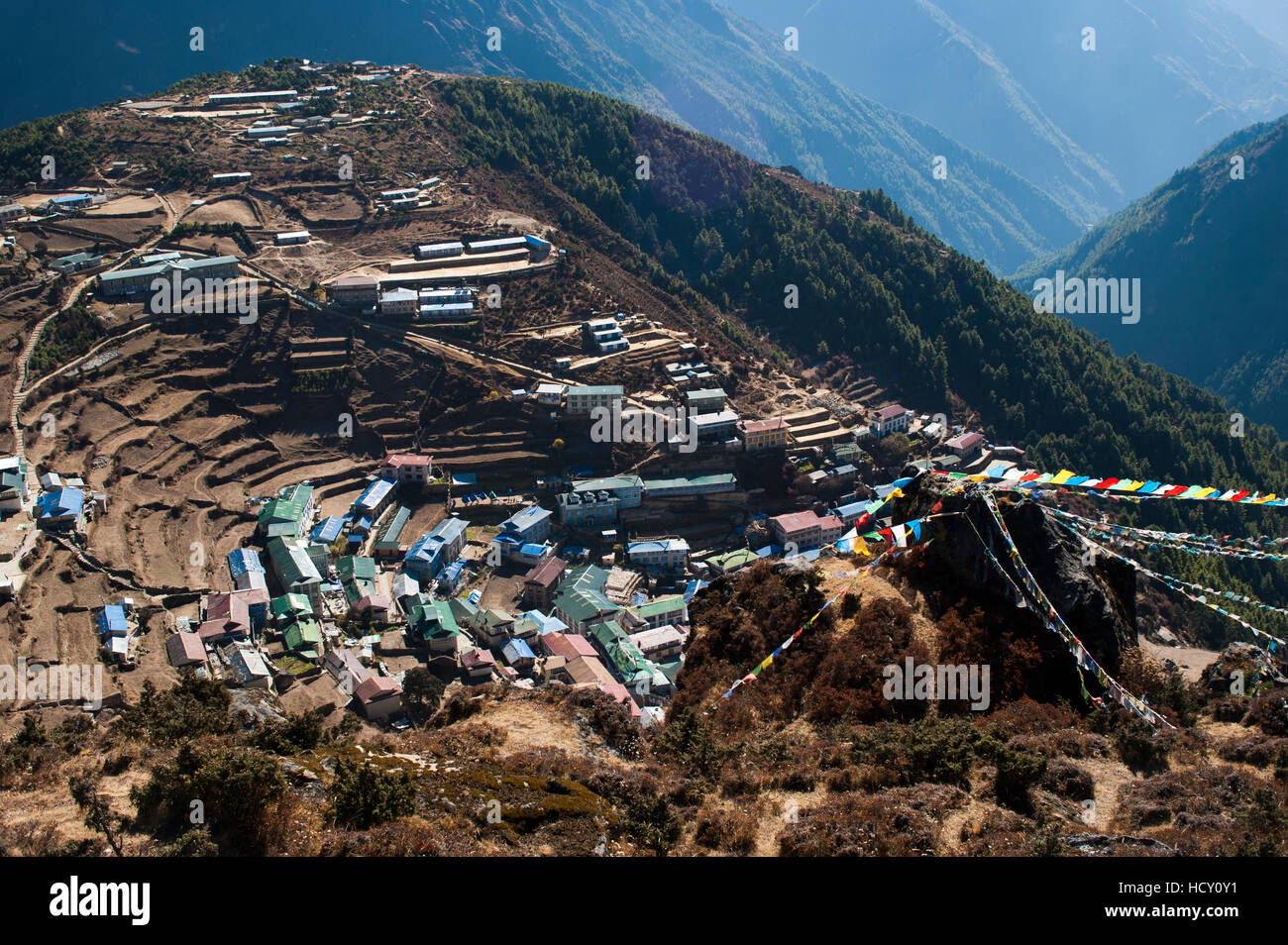 Namche Bazar, auf dem Weg zum Everest Base Camp, einem lebhaften Handelszentrum, Region Khumbu, Nepal Stockfoto