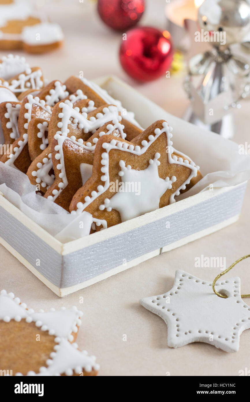 Hausgemachter Lebkuchen mit weißem Zuckerguss Stockfoto