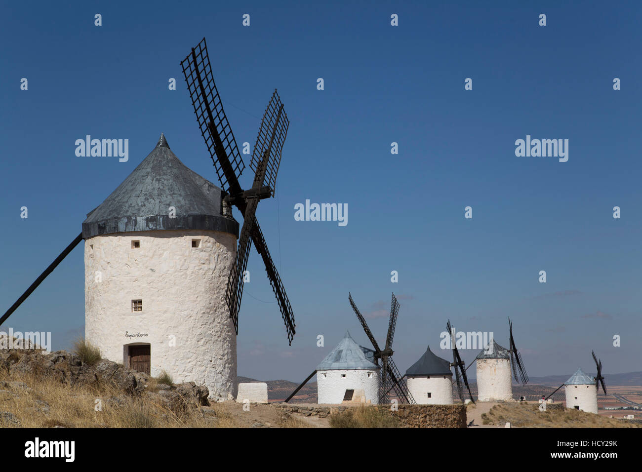 Windmühlen, Consuegra, Kastilien-La Mancha, Spanien Stockfoto