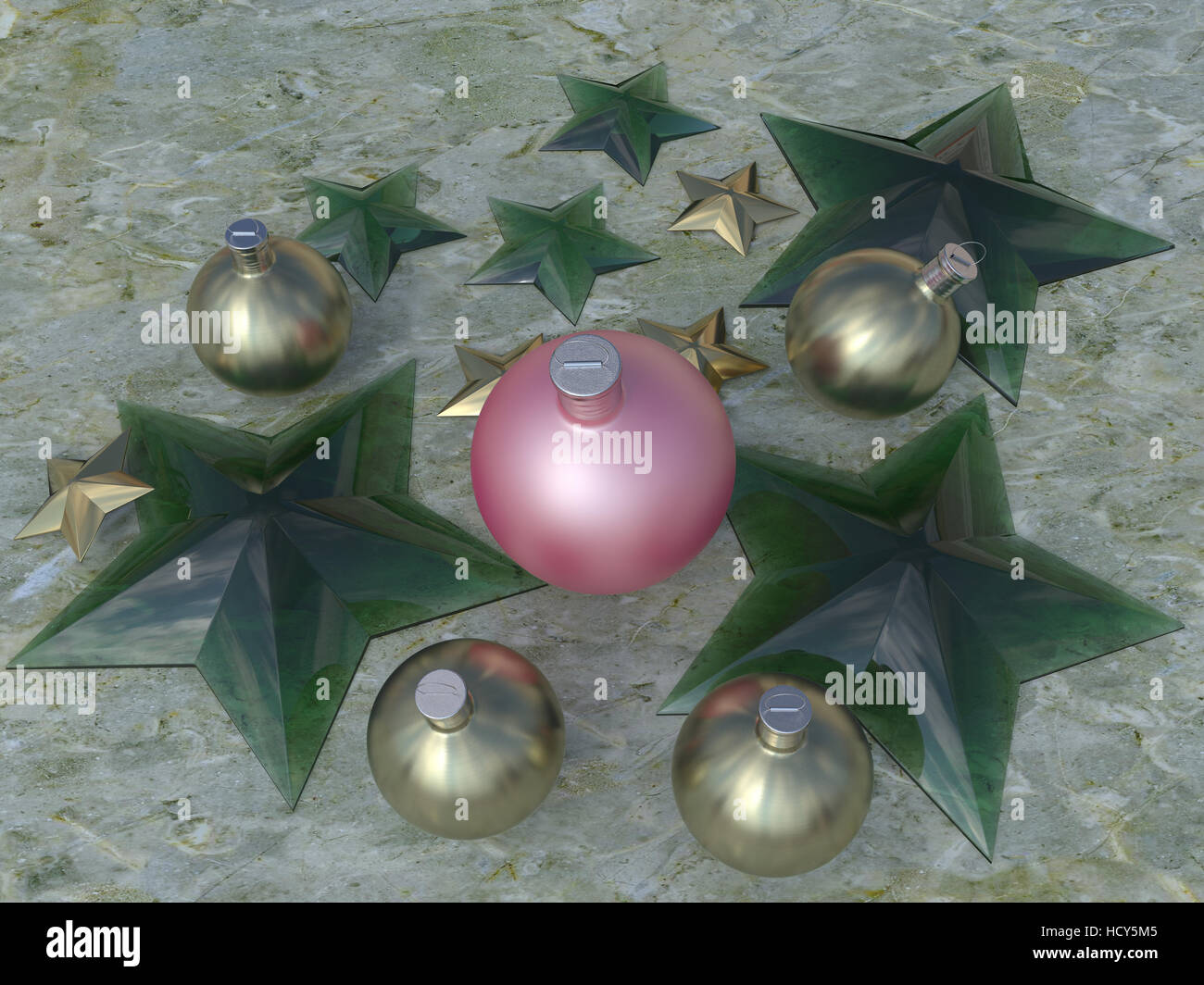 Christbaumkugeln und Sternen auf Marmor, fotorealistische Computergrafik Stockfoto